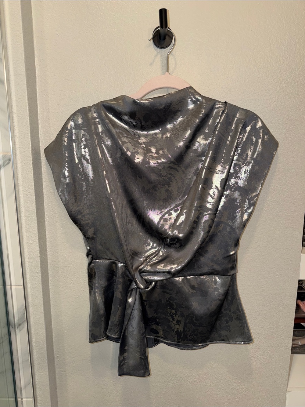 Zara Metallic Silver Draped Tie Blouse